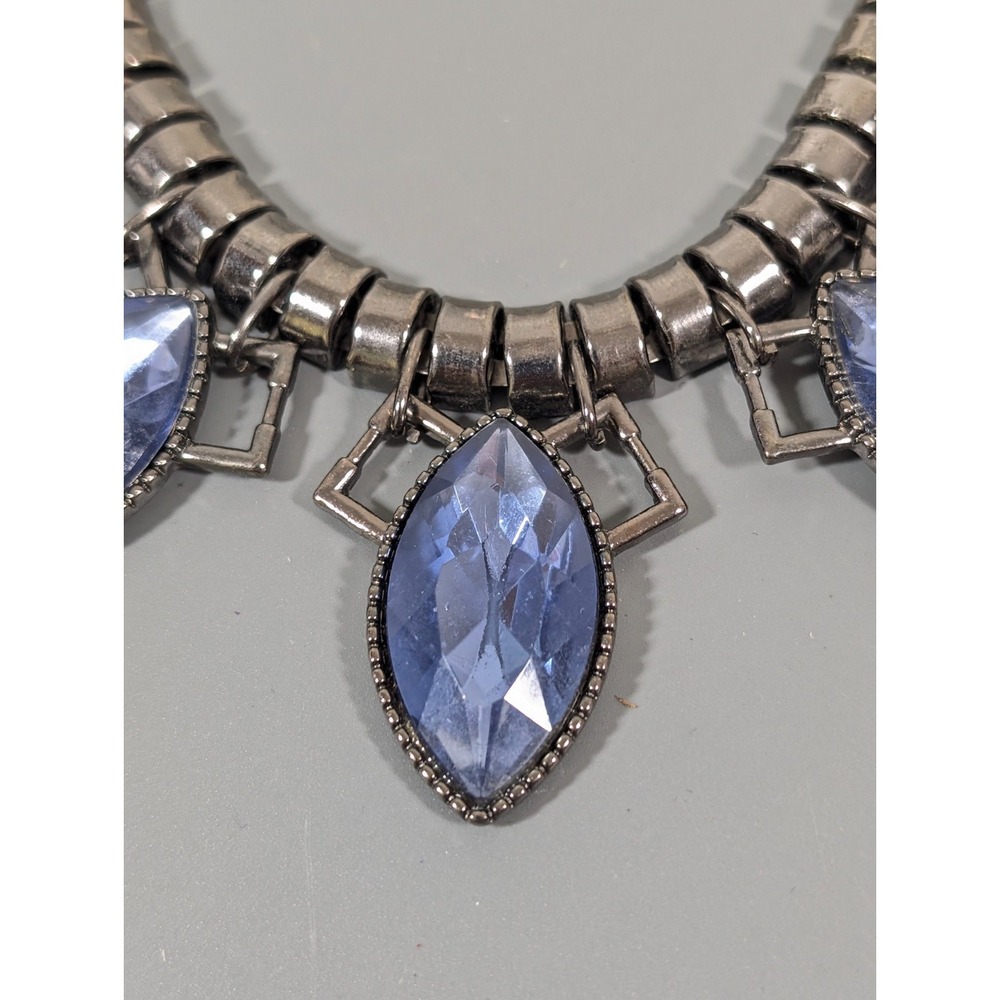 Blue Oval Rhinestone Charm Chain Statement Necklace Whimsigoth Bold‎ 21 in - Picture 3 of 9